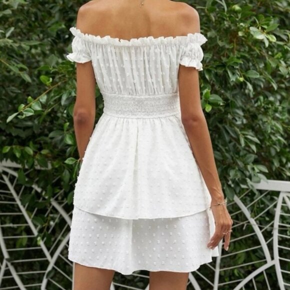 Shein White Swiss Dot Off-Shoulder Smocked Ruffle Mini Dress Size Small - Picture 2 of 6